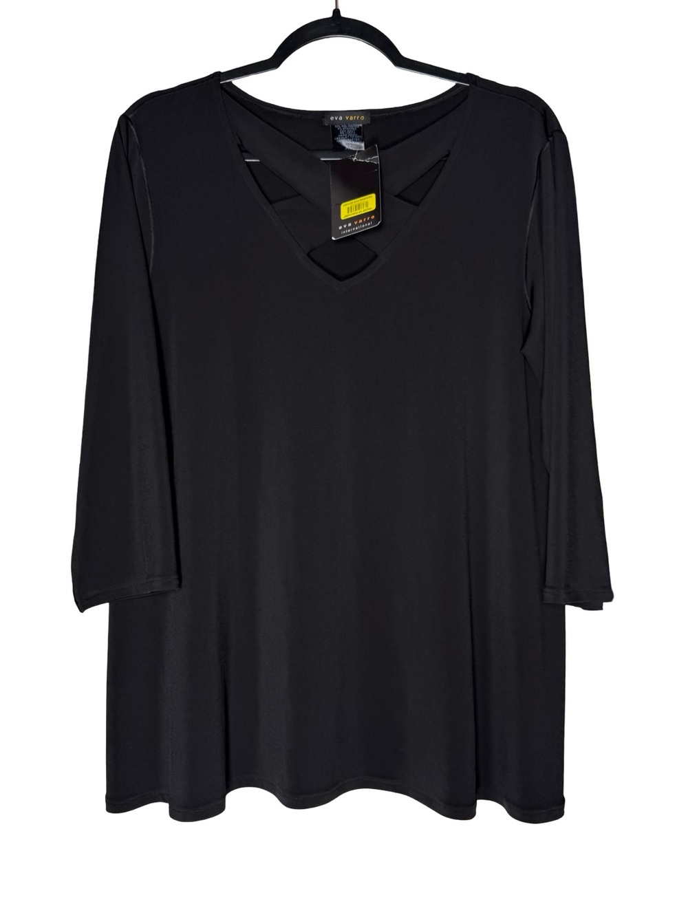 Eva Varro Criss Cross Cutout Top Size XL Black Stretch Knit V Neck USA Made NWT